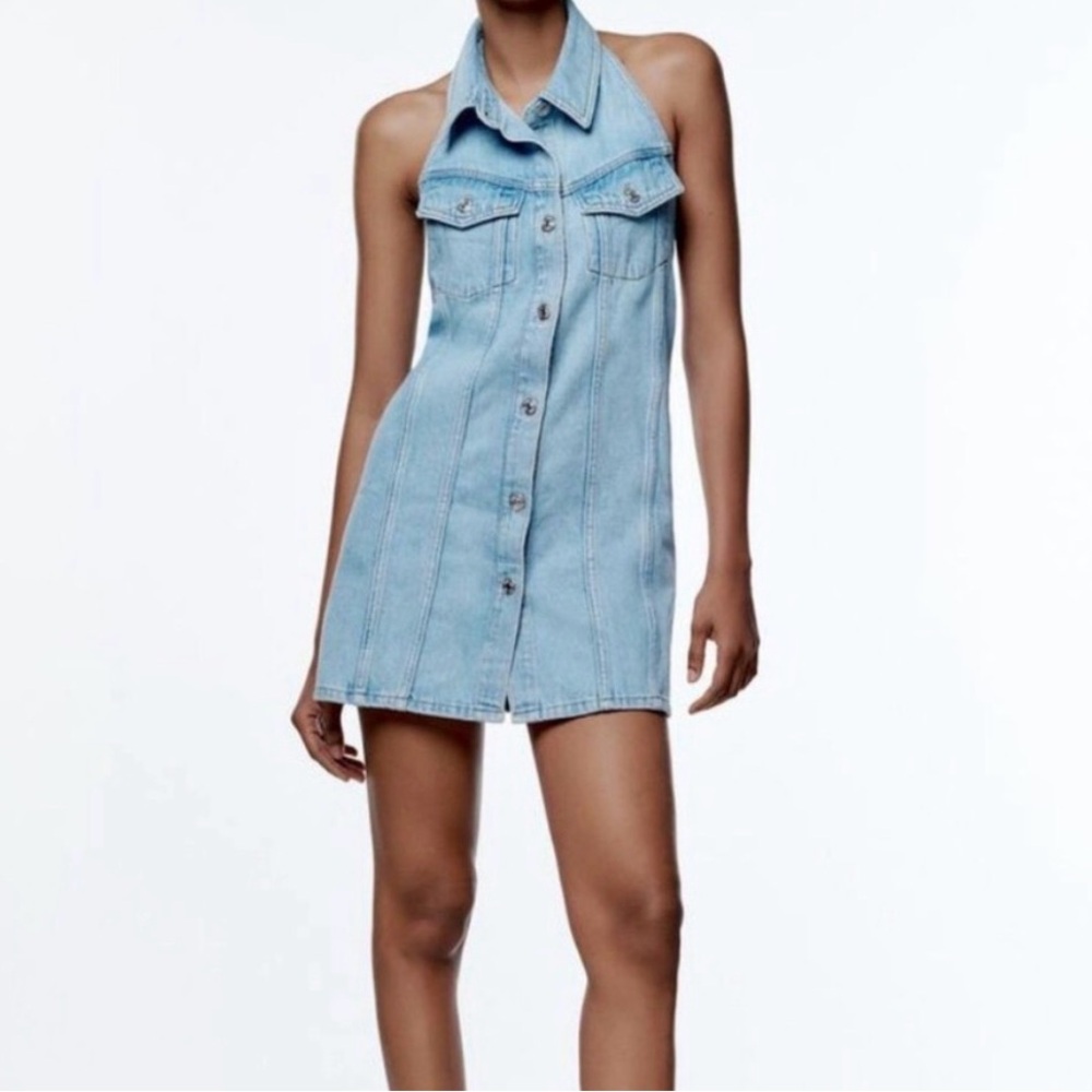 Zara Light Blue Denim Halter Mini Dress